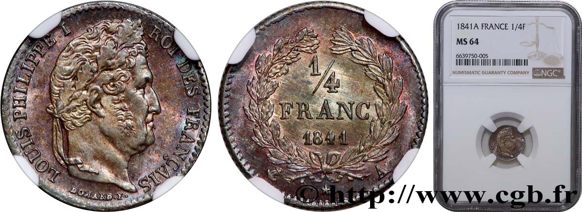 1/4 franc Louis-Philippe 1841 Paris F.166/85 fST64 NGC