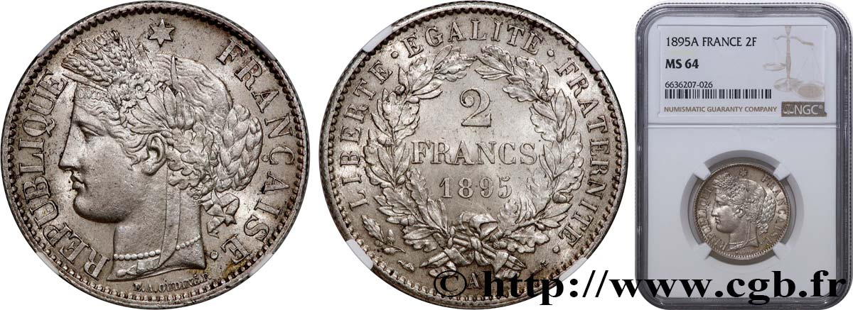 2 francs Cérès, avec légende 1895 Paris F.265/17 MS64 NGC
