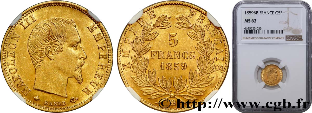 5 francs or Napoléon III, tête nue, grand module 1859 Strasbourg F.501/8 SUP62 NGC