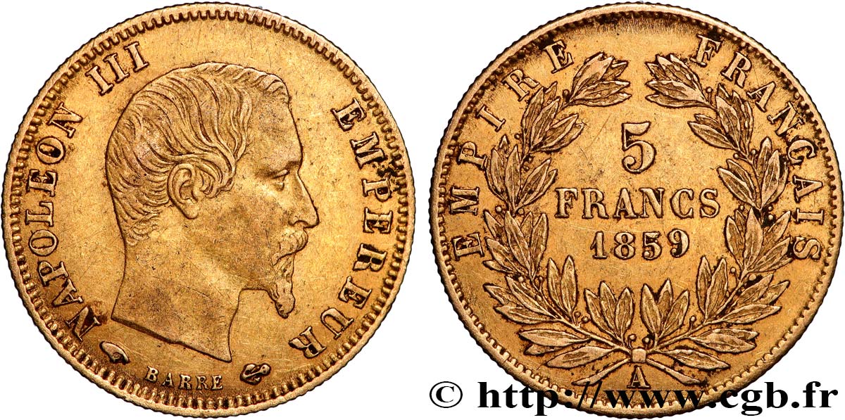 5 francs or Napoléon III, tête nue, grand module 1859 Paris F.501/7 MBC 