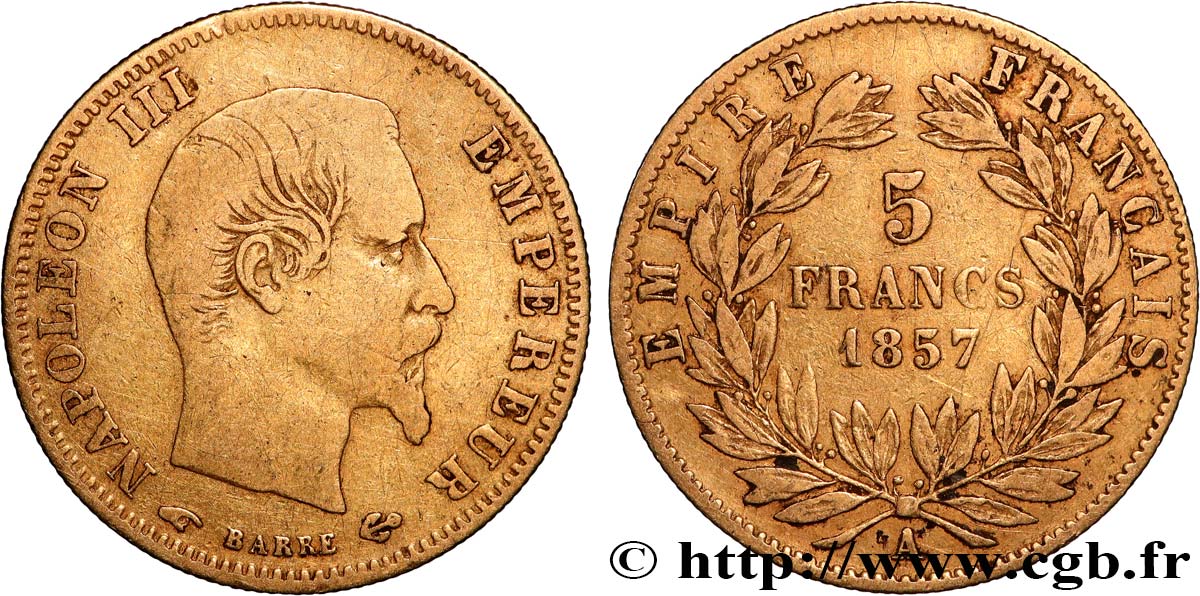 5 francs or Napoléon III, tête nue, grand module 1857 Paris F.501/4 TB 