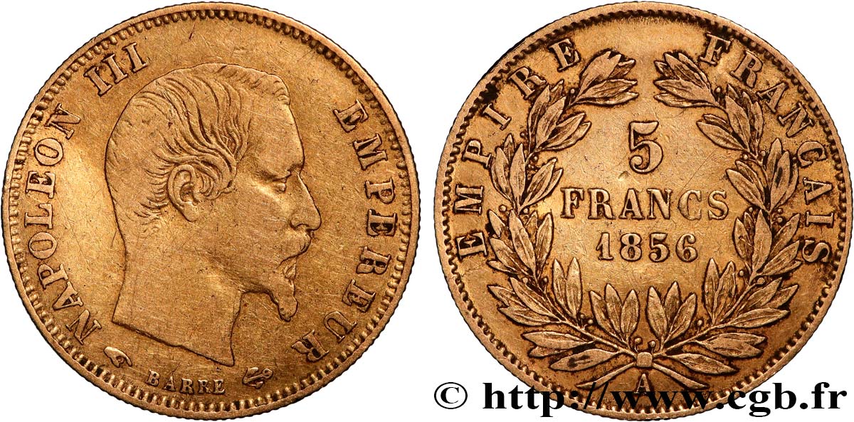 5 francs or Napoléon III, tête nue, grand module 1856 Paris F.501/2 TB 