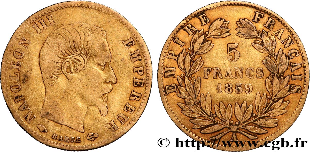 5 francs or Napoléon III, tête nue, grand module 1859 Paris F.501/7 TB 