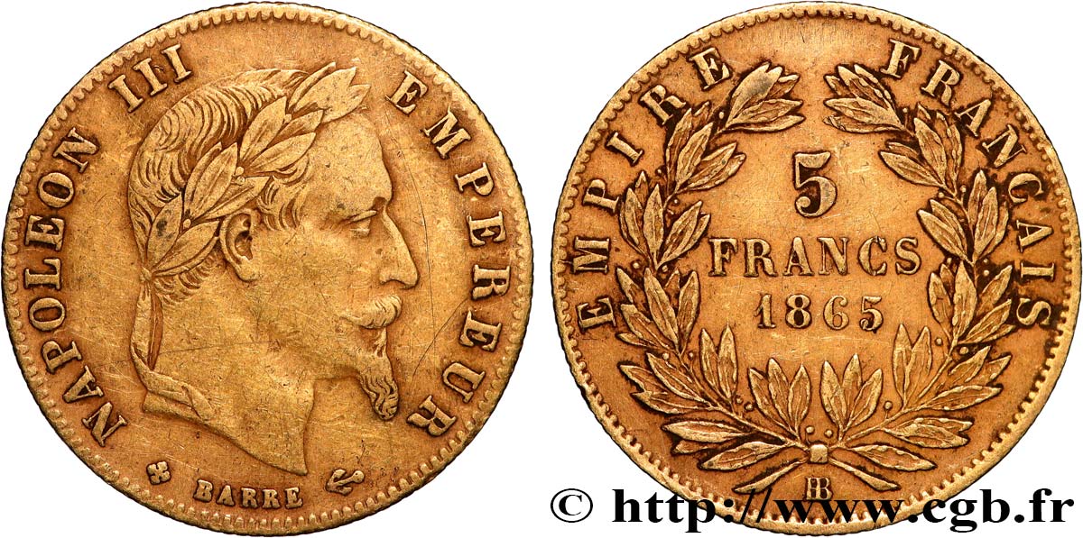 5 francs or Napoléon III, tête laurée 1865 Strasbourg F.502/8 BC+ 