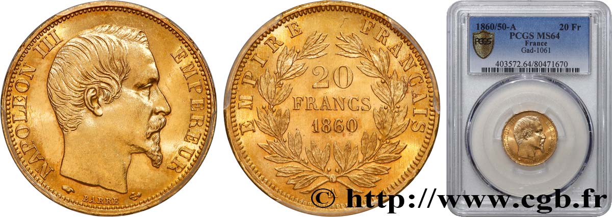 20 francs or Napoléon III, tête nue 1860 Paris F.531/17 SC64 PCGS