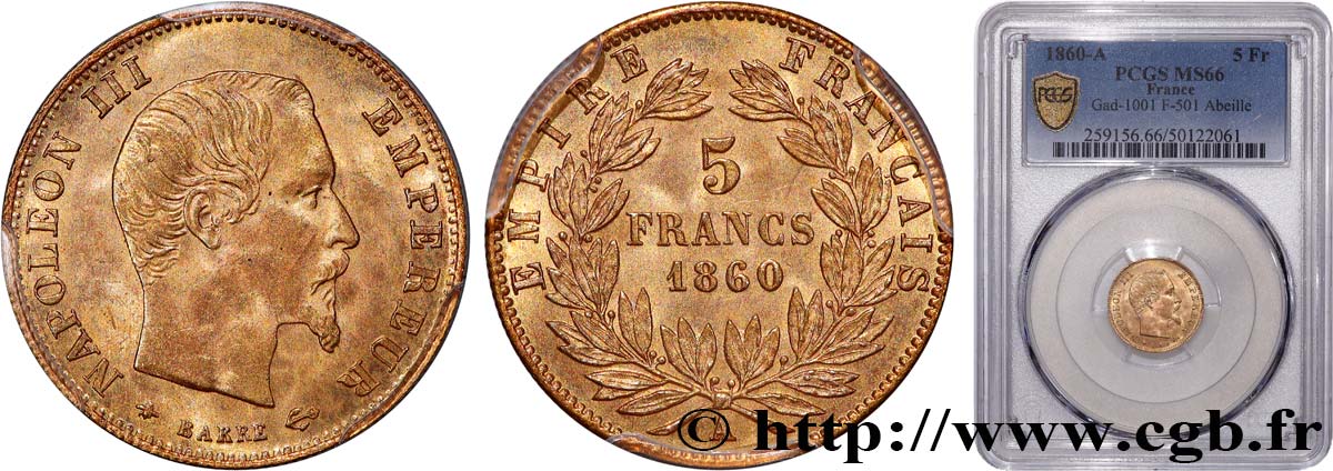 5 francs or Napoléon III, tête nue, grand module, différent Abeille 1860 Paris F.501/11 MS66 PCGS