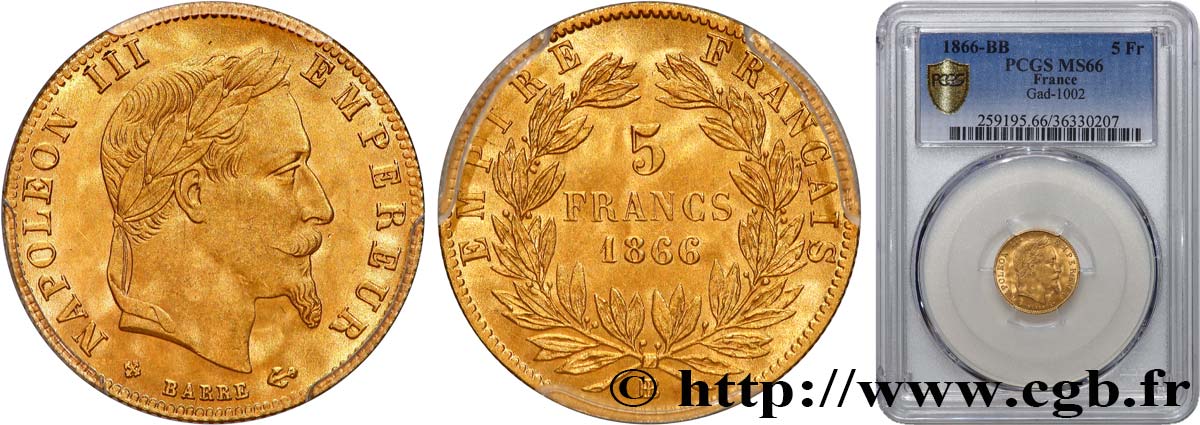 5 francs or Napoléon III, tête laurée 1866 Strasbourg F.502/10 MS66 PCGS
