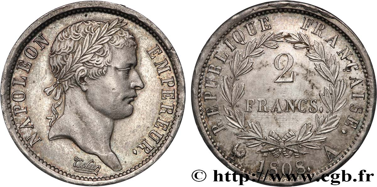 2 francs Napoléon Ier tête laurée, République française 1808 Paris F.254/4 SPL+ 