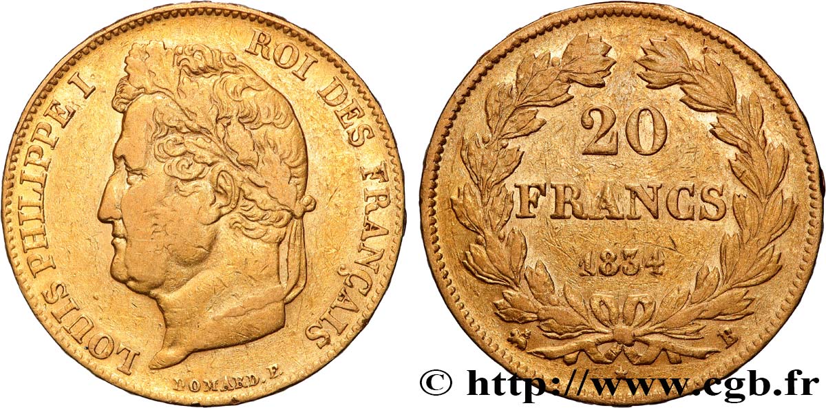 20 francs or Louis-Philippe, Domard 1834 Rouen F.527/8 VF 