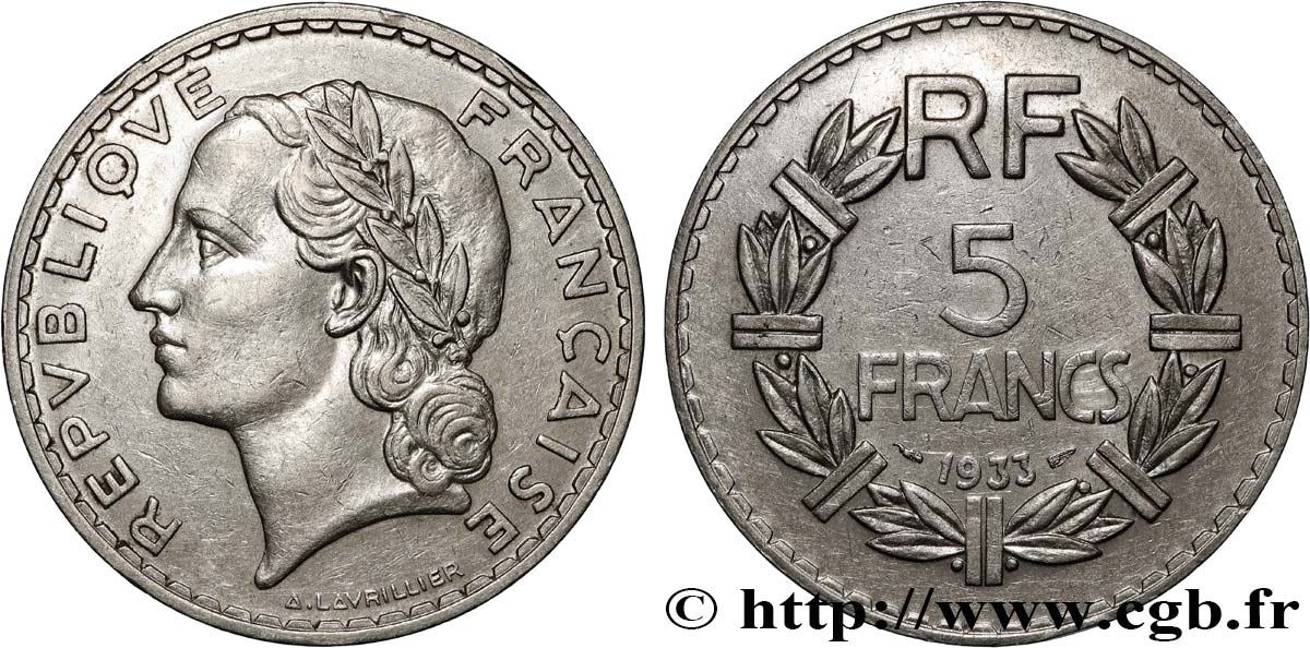 5 francs Lavrillier, nickel 1933  F.336/2 TTB 