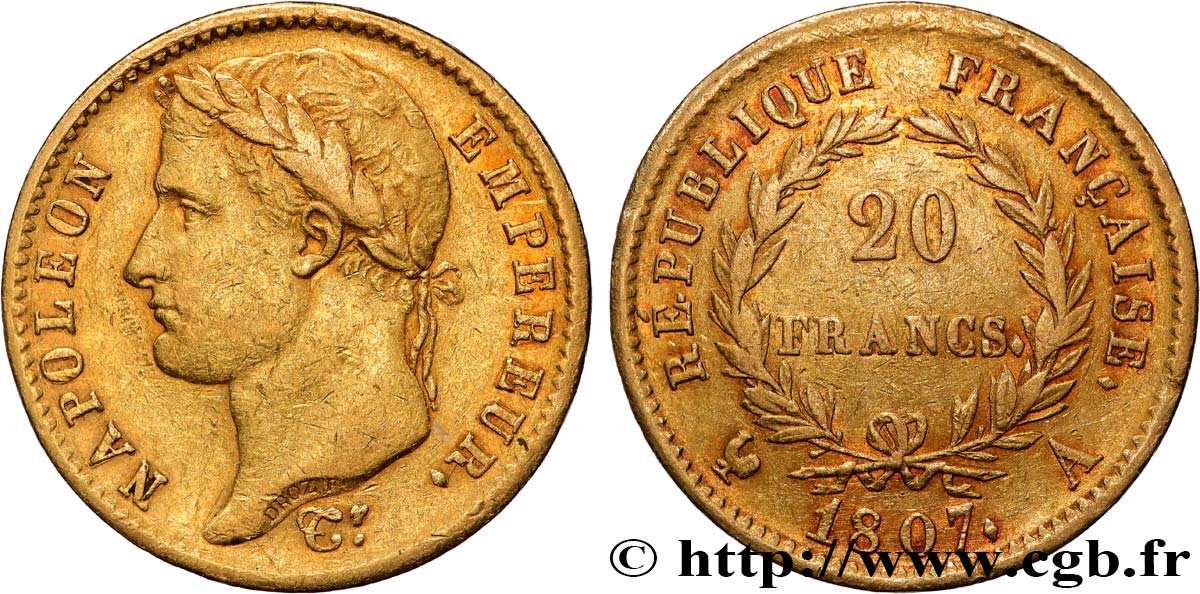 20 francs or Napoléon tête laurée, République française 1807 Paris F.515/1 fSS 