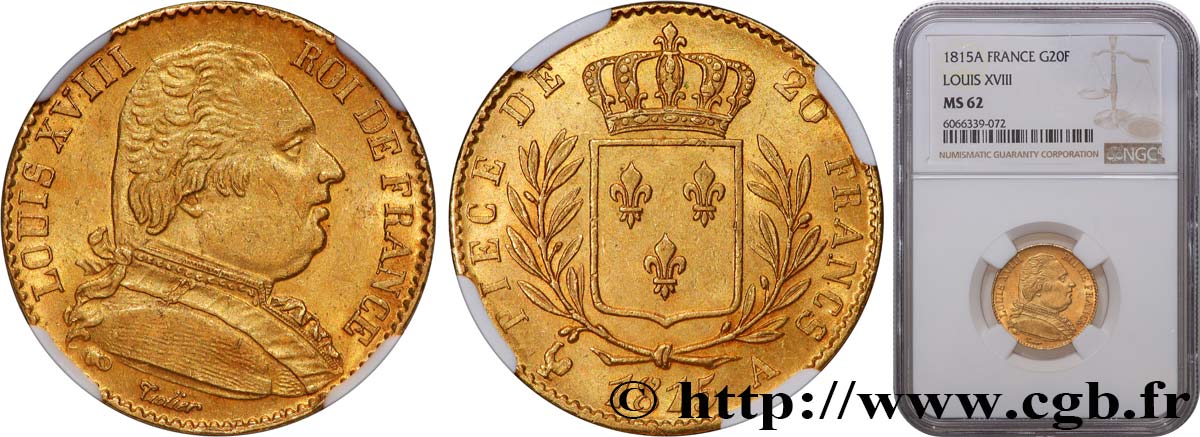 20 francs or Louis XVIII, buste habillé 1815 Paris F.517/10 SPL62 NGC