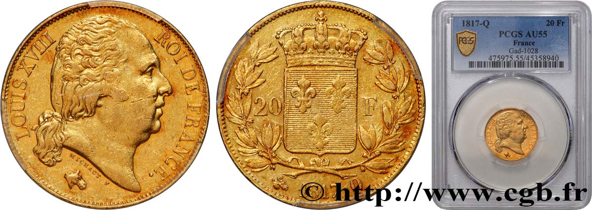 20 francs or Louis XVIII, tête nue 1817 Perpignan F.519/8 SPL55 PCGS