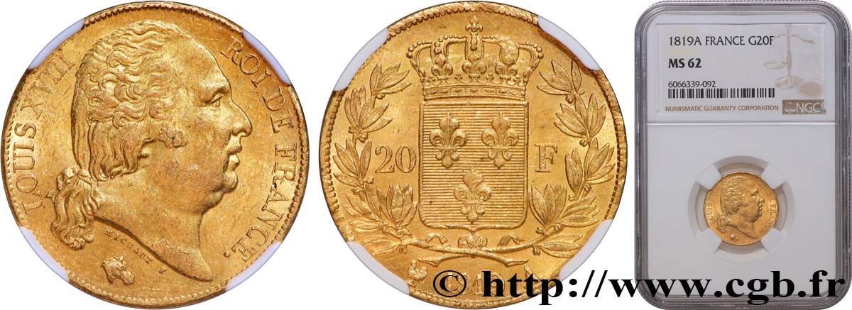 20 francs or Louis XVIII, tête nue 1819 Paris F.519/15 SUP62 NGC