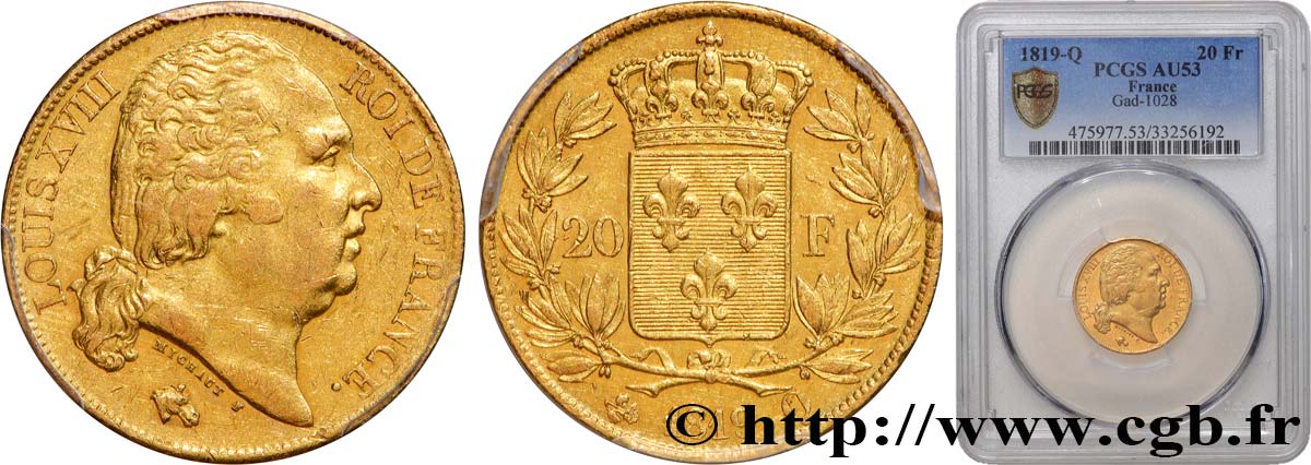 20 francs or Louis XVIII, tête nue 1819 Perpignan F.519/16 MBC53 PCGS