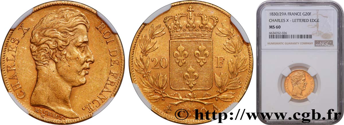 20 francs or Charles X, matrice du revers à quatre feuilles et demie, 1830/29 1830 Paris F.520/13 MS60 NGC