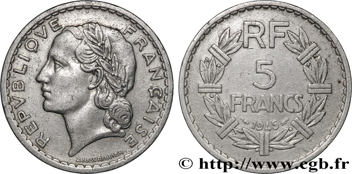 5 francs Lavrillier, aluminium, 9 ouvert 1945  F.339/3 SS 