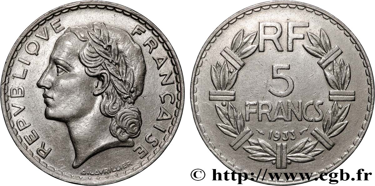 5 francs Lavrillier, nickel 1933  F.336/2 BB 