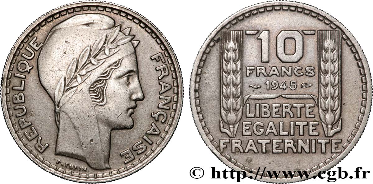 10 francs Turin, grosse tête, rameaux longs 1945  F.361/2 AU 