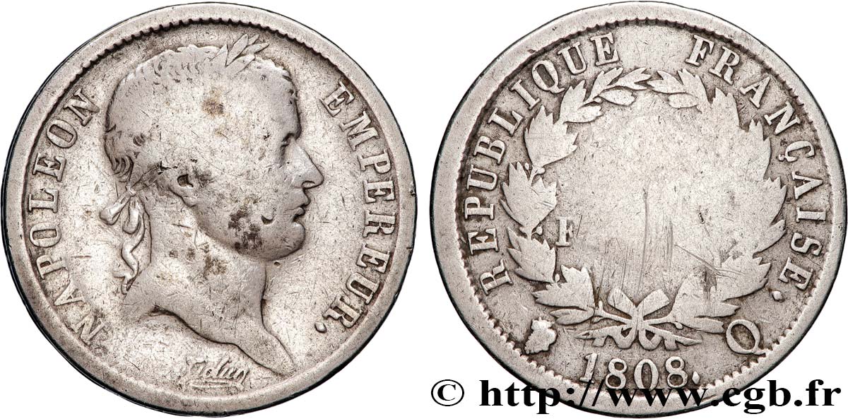 2 francs Napoléon Ier tête laurée, République française 1808 Perpignan F.254/11 VG 