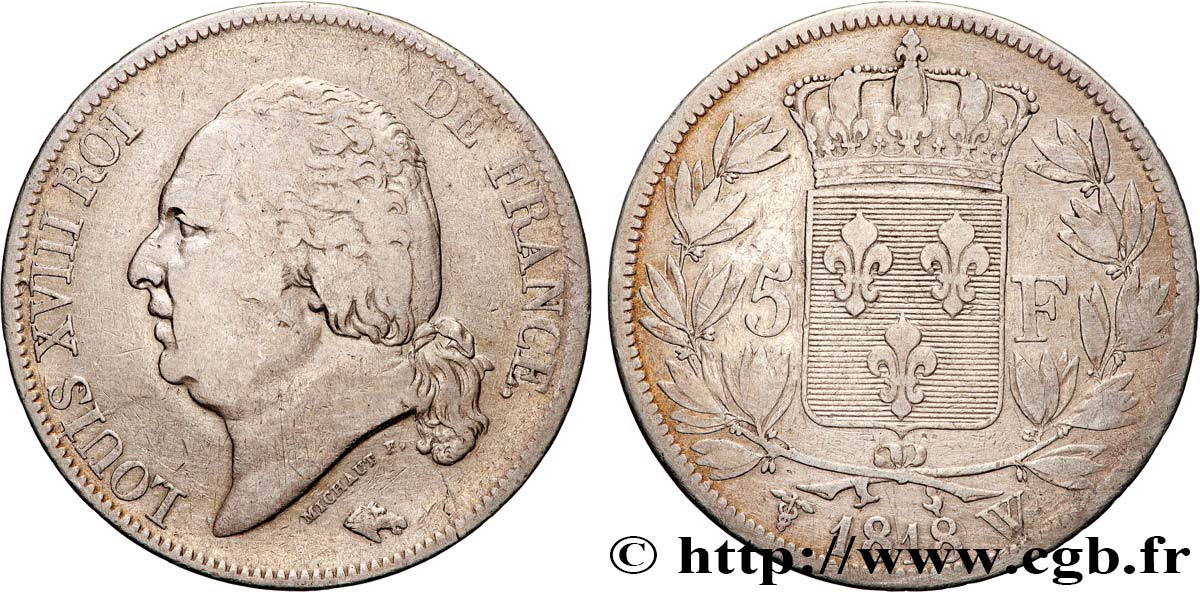 5 francs Louis XVIII, tête nue 1818 Lille F.309/39 MB 