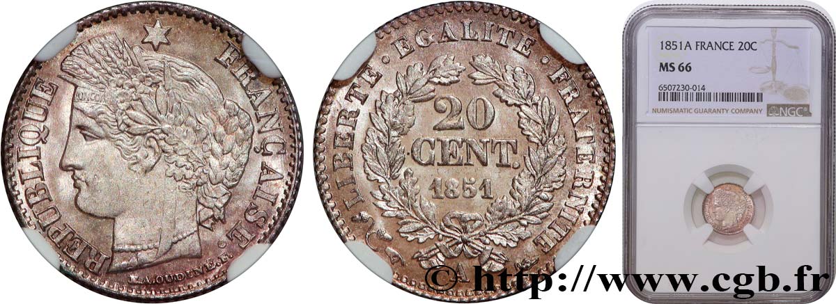 20 centimes Cérès, IIe République 1851 Paris F.146/7 MS66 NGC