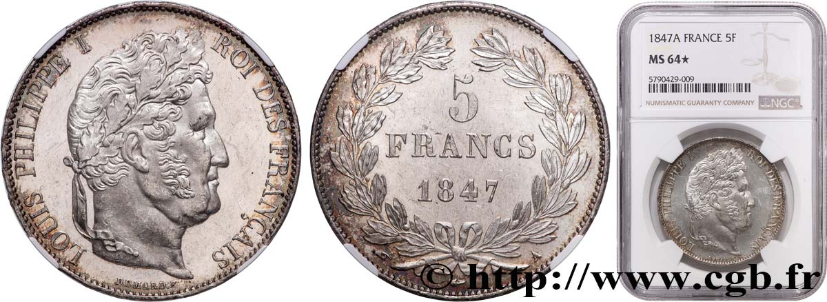 5 francs IIIe type Domard 1847 Paris F.325/14 SPL64 NGC