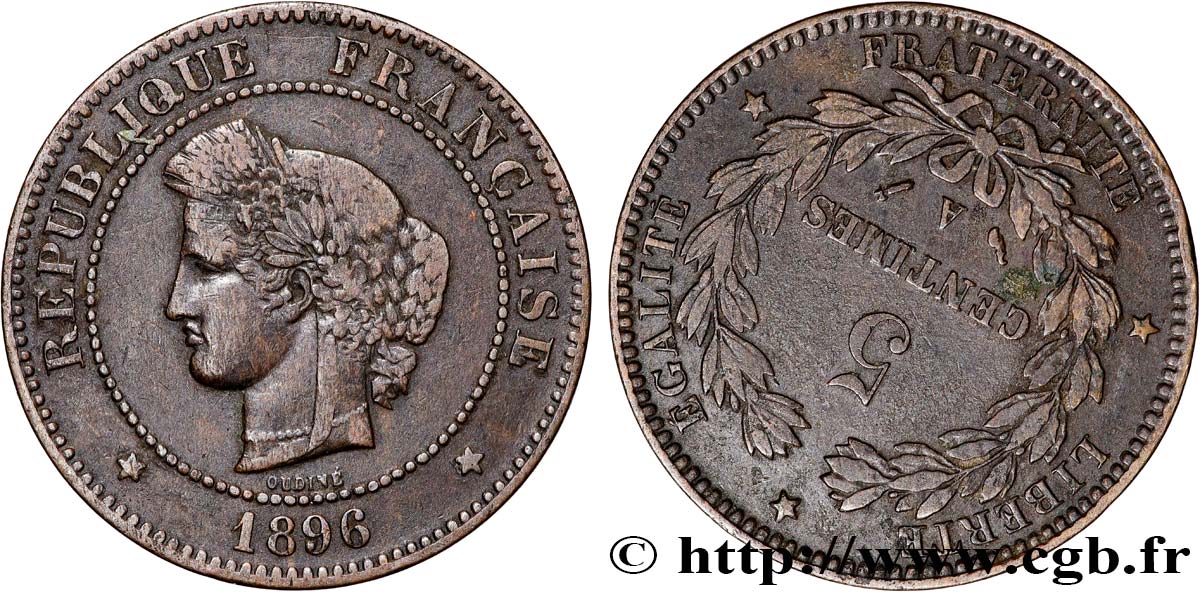 5 centimes Cérès, Fautée coins tournés -25 min/-150° 1896 Paris F.118/37 var. TB 