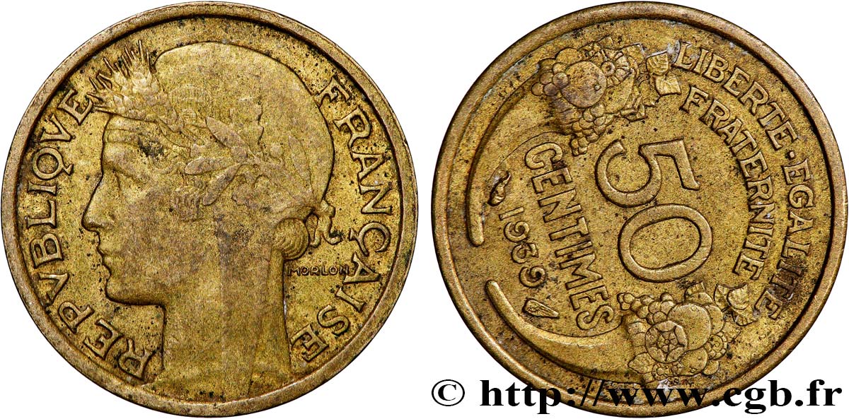 50 centimes Morlon, Fautée coins tournés +12 min/+72° 1939  F.192/15 var. TTB 