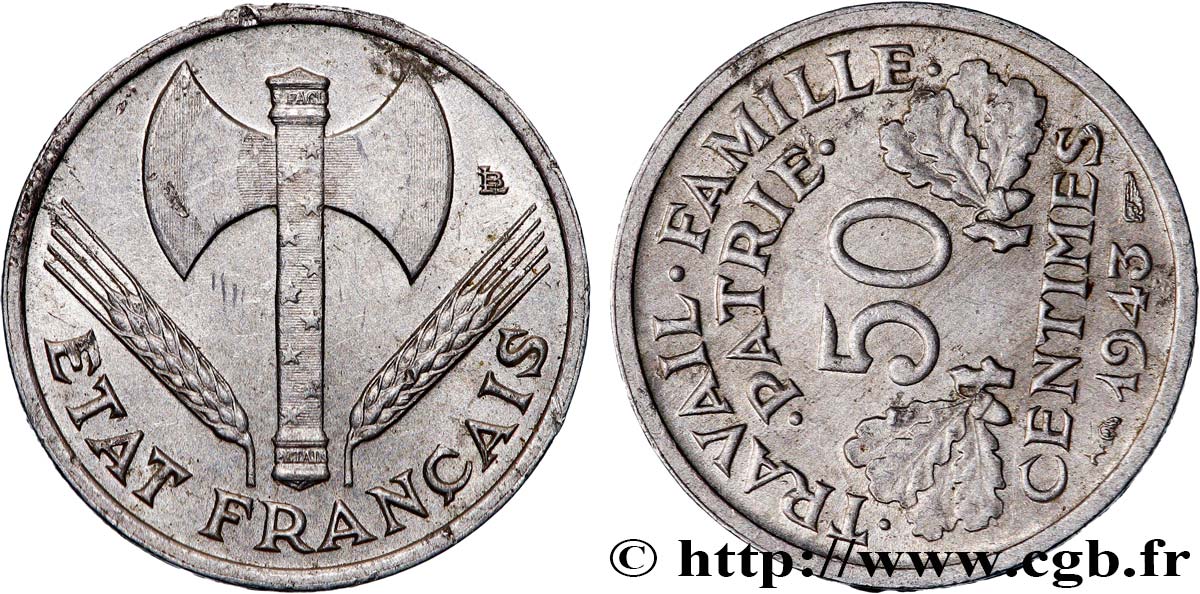 50 centimes Francisque, légère, Fautée coins tournés -14 min/-84° 1943  F.196/2 var. BB 