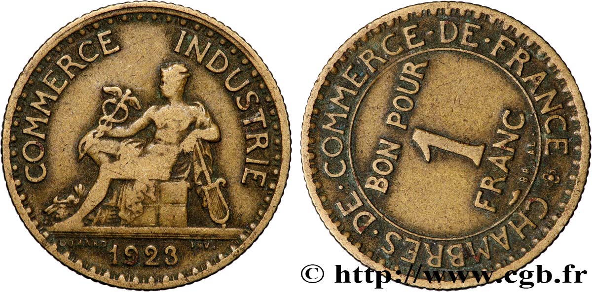 1 franc Chambres de Commerce, Fautée coins tournés -12 min/-72° 1923 Paris F.218/5 var. TB 