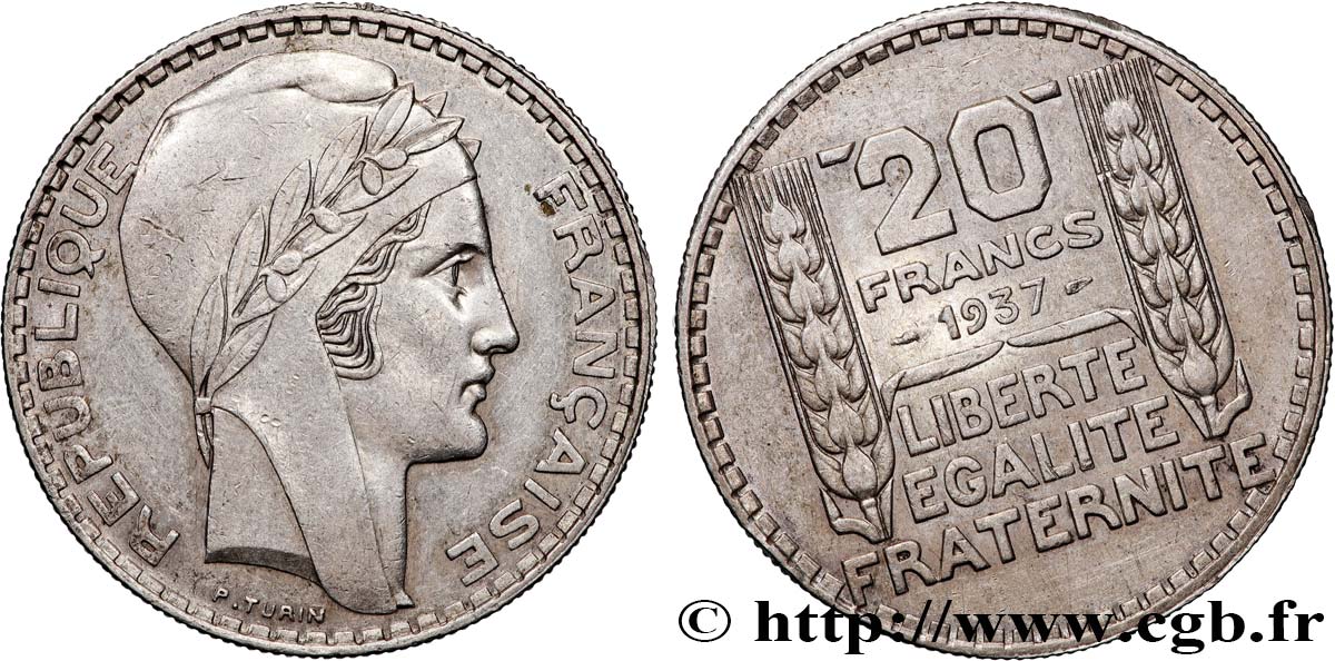 20 francs Turin, Fautée coins tournés -3 min/-18° 1937  F.400/8 var. TTB+ 