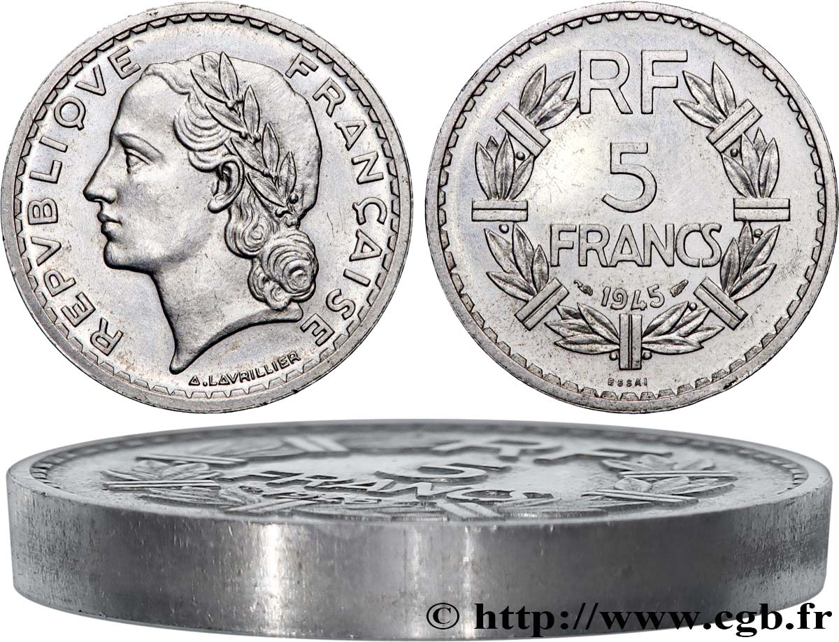 Essai-piéfort de 5 francs Lavrillier aluminium 1945  GEM.145 EP AU 