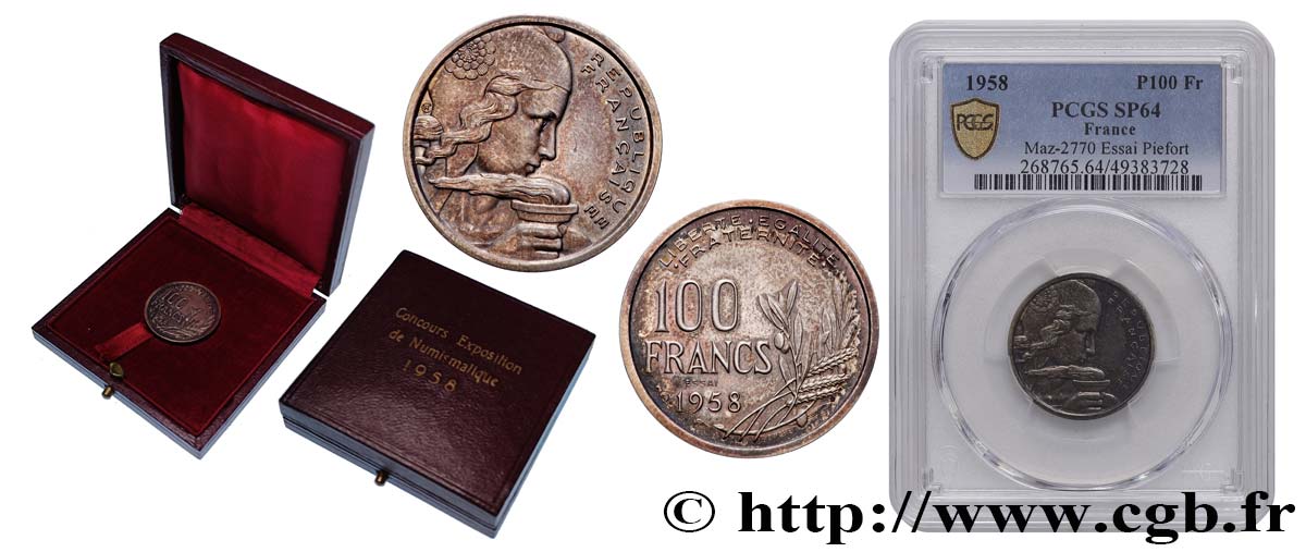 Essai-piéfort de 100 francs Cochet en argent 1958 Paris GEM.230 EP2 SPL64 PCGS