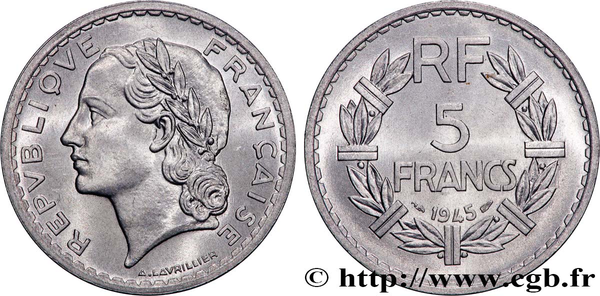 5 francs Lavrillier, aluminium, 9 ouvert 1945  F.339/3 MS64 
