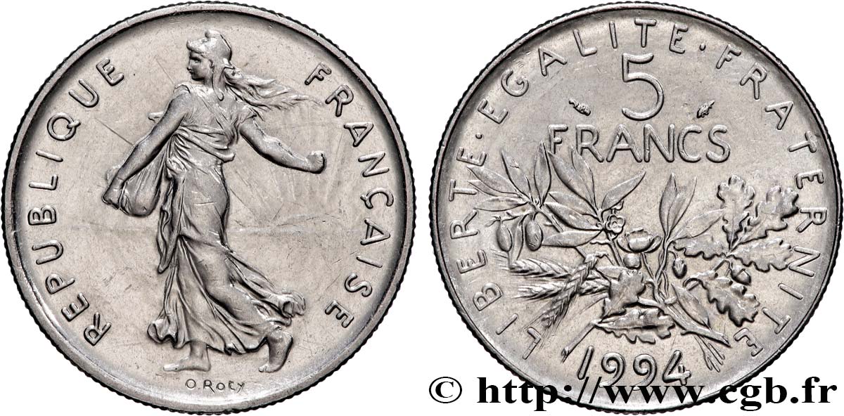5 francs Semeuse, nickel, différent dauphin 1994 Pessac F.341/29 AU 