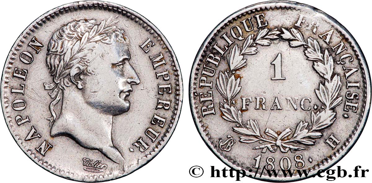 1 franc Napoléon Ier tête laurée, République française 1808 La Rochelle F.204/6 TB+ 