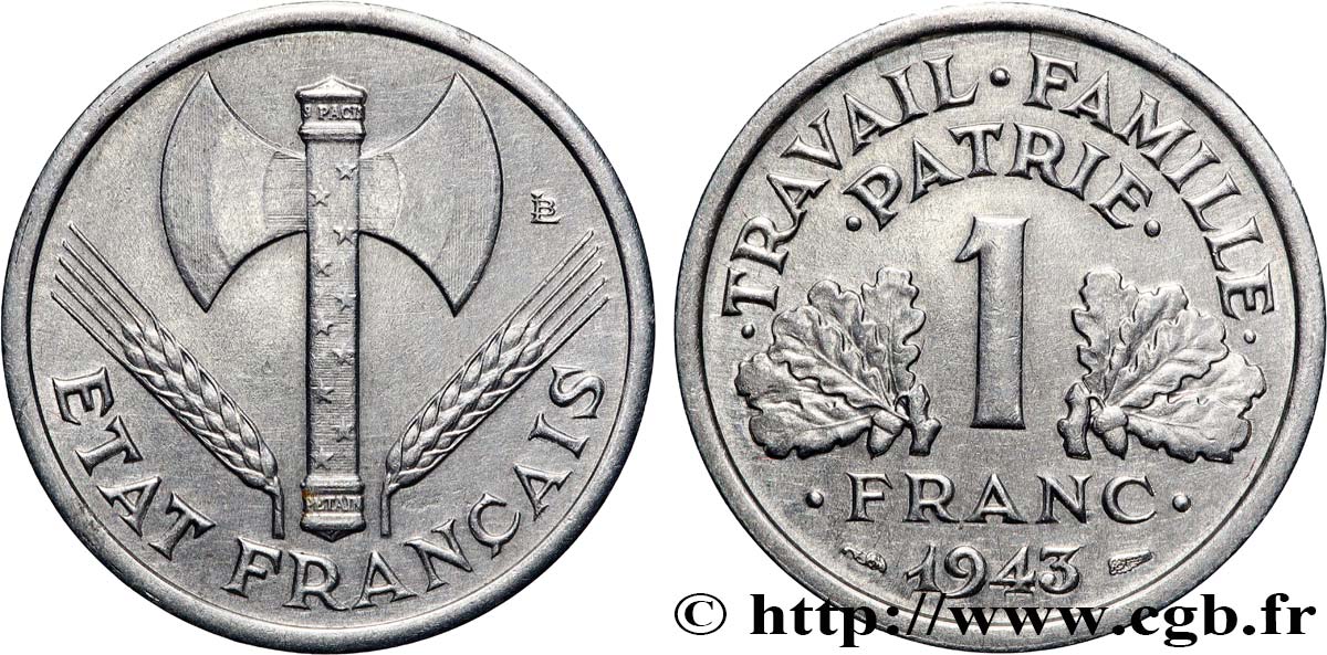 1 franc Francisque, légère 1943  F.223/3 MBC+ 