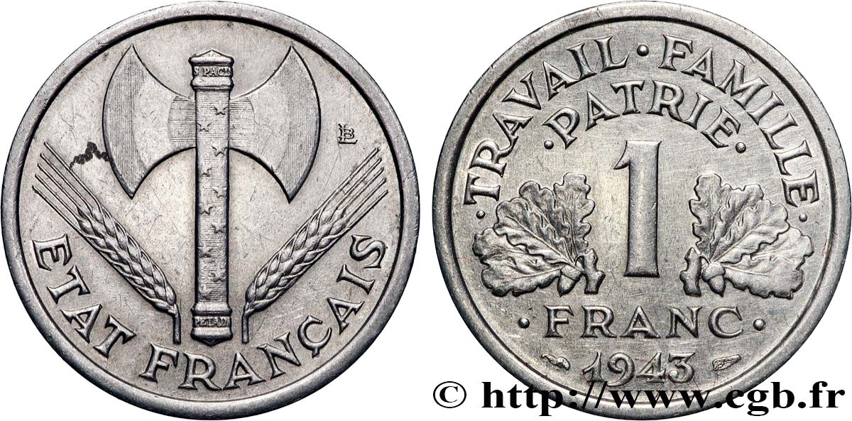 1 franc Francisque, légère 1943  F.223/3 MBC+ 