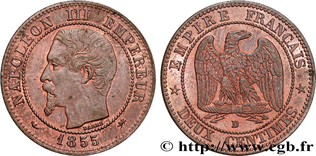 Deux centimes Napoléon III, tête nue, différent levrette, petit D et petit lion 1855 Lyon F.107/30 SUP62 