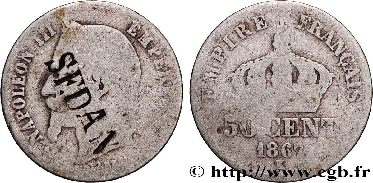 50 centimes Napoléon III, tête laurée, contremarqué SEDAN 1867 Bordeaux F.188/18 var. SGE 