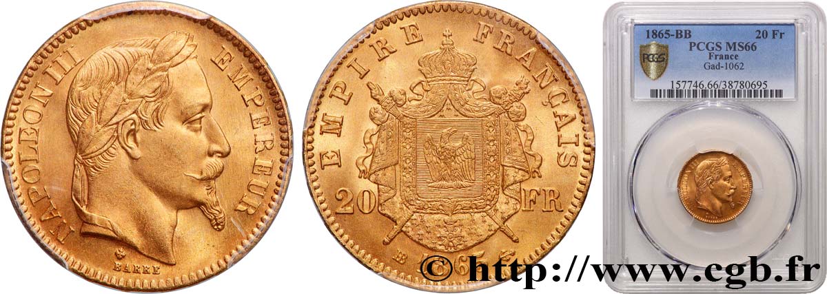 20 francs or Napoléon III, tête laurée 1865 Strasbourg F.532/12 FDC66 PCGS
