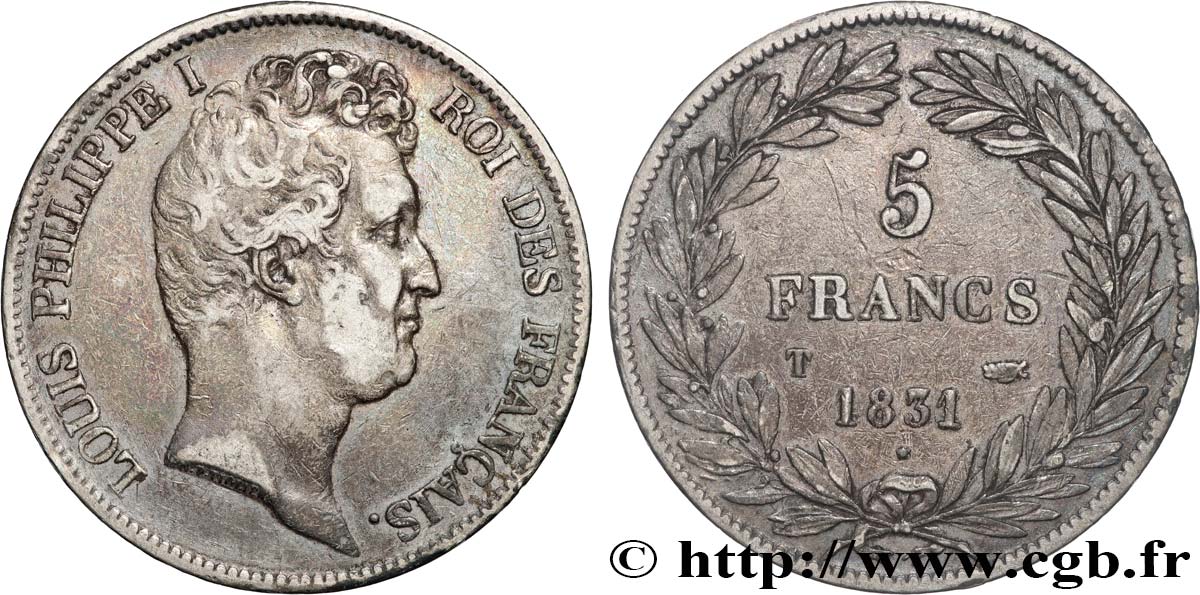 5 francs type Tiolier avec le I, tranche en creux 1831 Nantes F.315/26 VF 