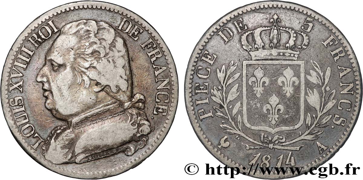 5 francs Louis XVIII, buste habillé 1814 Paris F.308/1 TB+ 