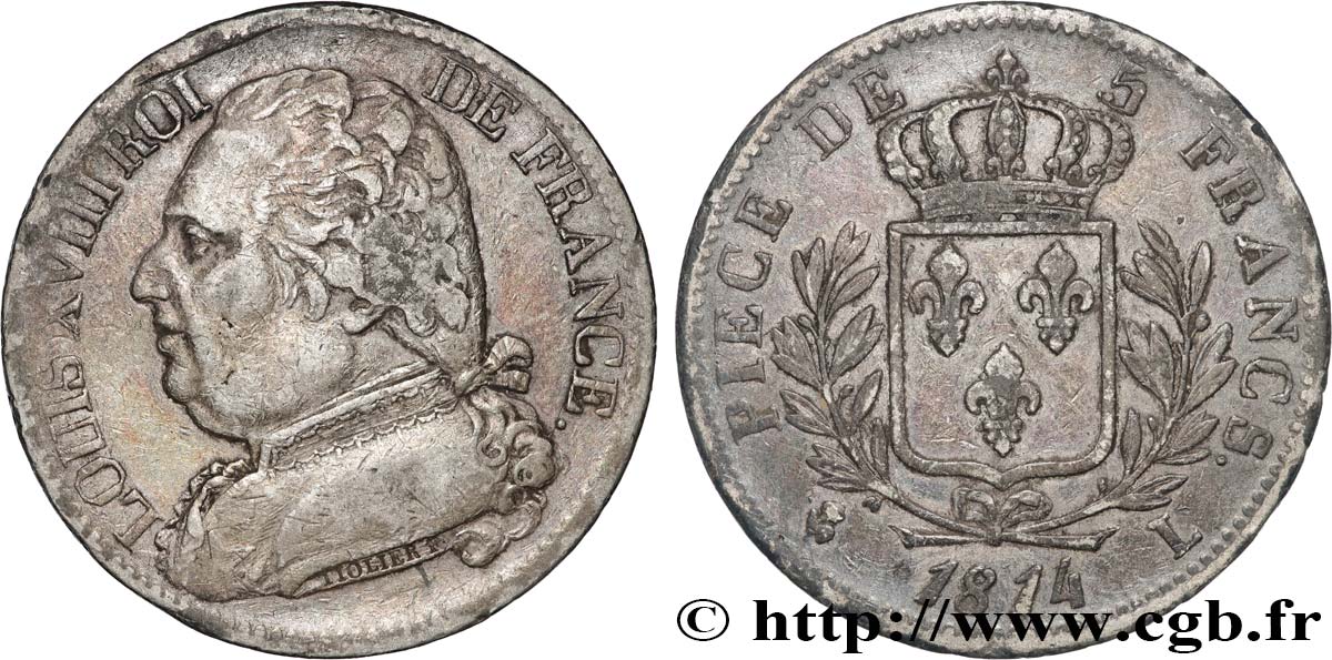 5 francs Louis XVIII, buste habillé 1814 Bayonne F.308/8 BC+ 