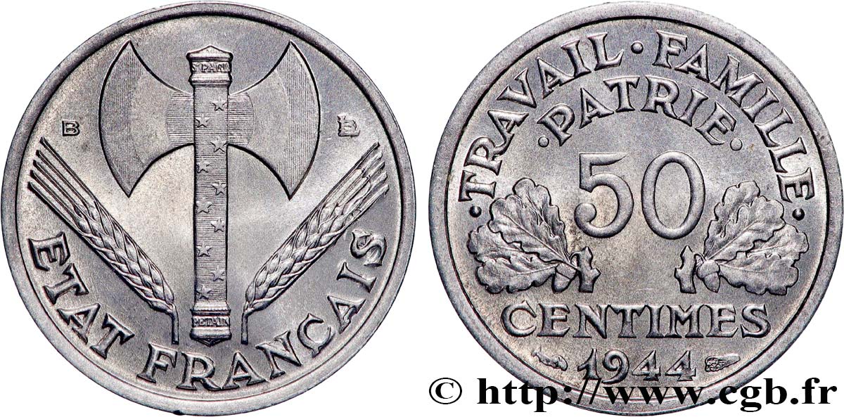 50 centimes Francisque, légère 1944 Beaumont-Le-Roger F.196/5 FDC65 