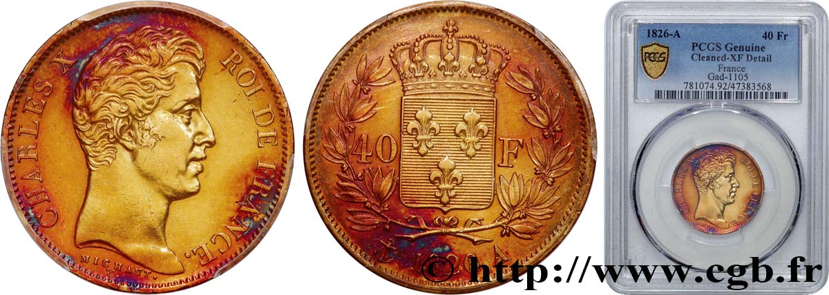 40 francs or Charles X, 2e type 1826 Paris F.544/1 MBC PCGS