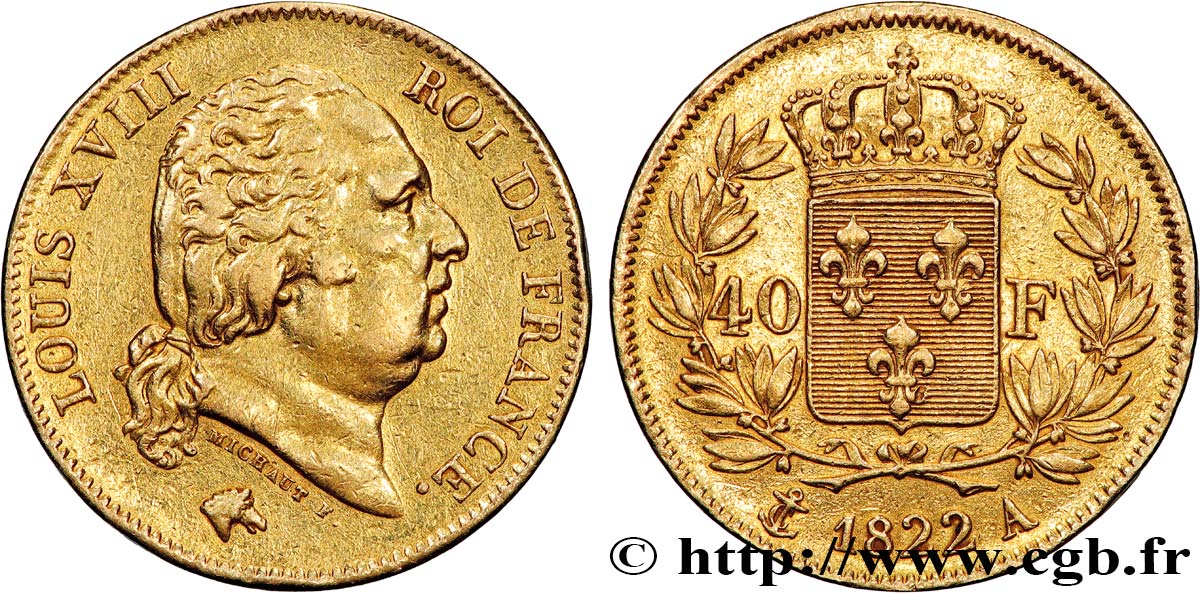 40 francs or Louis XVIII 1822 Paris F.542/11 TTB+ 