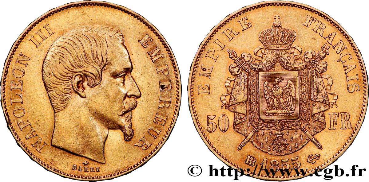 50 francs or Napoléon III, tête nue 1855 Strasbourg F.547/2 TTB+ 