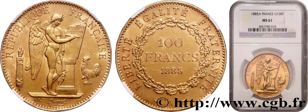 100 francs or Génie, tranche inscrite en relief Dieu protège la France 1885 Paris F.552/6 VZ61 NGC